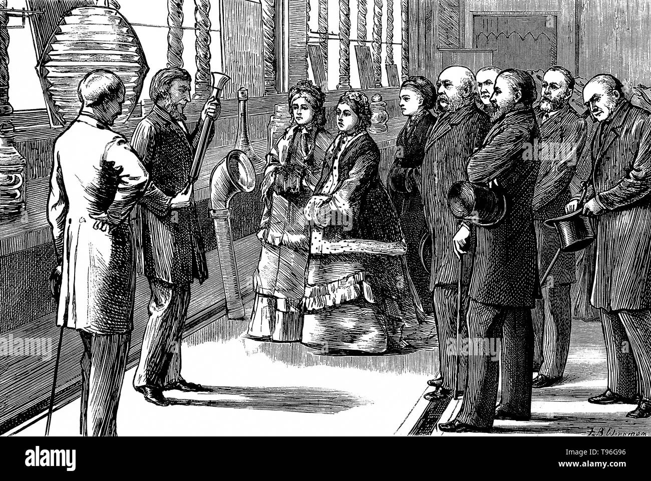 Tyndall dimostrando una nebbia-corno di Queen Victoria e il suo entourage. John Tyndall (agosto 2, 1820 - 4 dicembre 1893) era un irlandese fisico e medico di educatore. Inizio nei tardi 1850s, Tyndall studiato l'azione di energia radiante su i costituenti dell'aria. Nel 1893 morì da un sovradosaggio accidentale del cloralio idrato. Egli era di 73 anni. Incisione di Theodore Blake Wirgman, 1876. Foto Stock