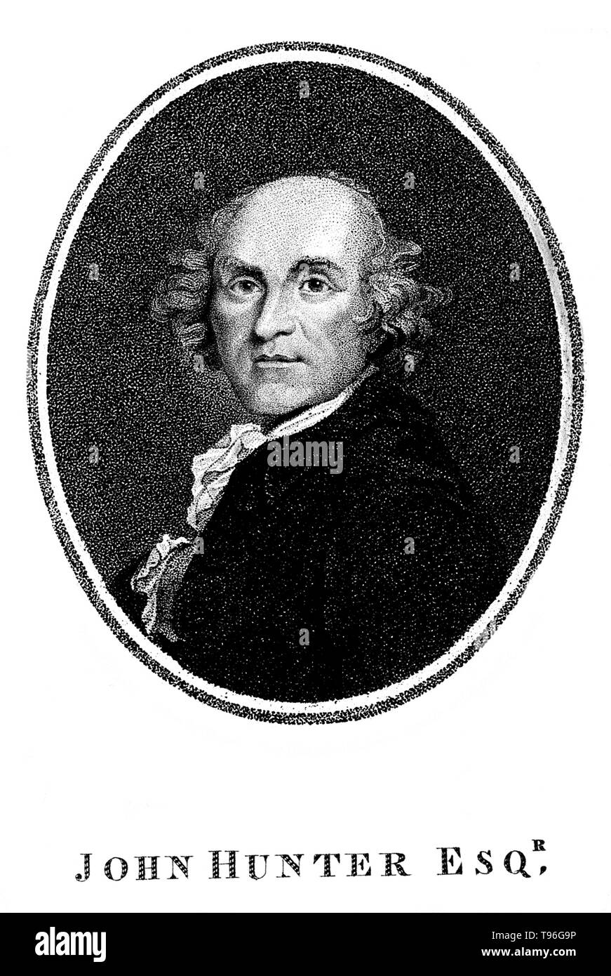 John Hunter (Febbraio 13, 1728 - 16 ottobre 1793) era un chirurgo scozzese. Egli è stato uno dei primi sostenitori di attenta osservazione, il metodo scientifico in medicina e un eccellente anatomista. Egli ha costruito una collezione di animali viventi cui scheletri e altri organi ha preparato come preparati anatomici. La sua morte in 1793 all'età di 65. Foto Stock