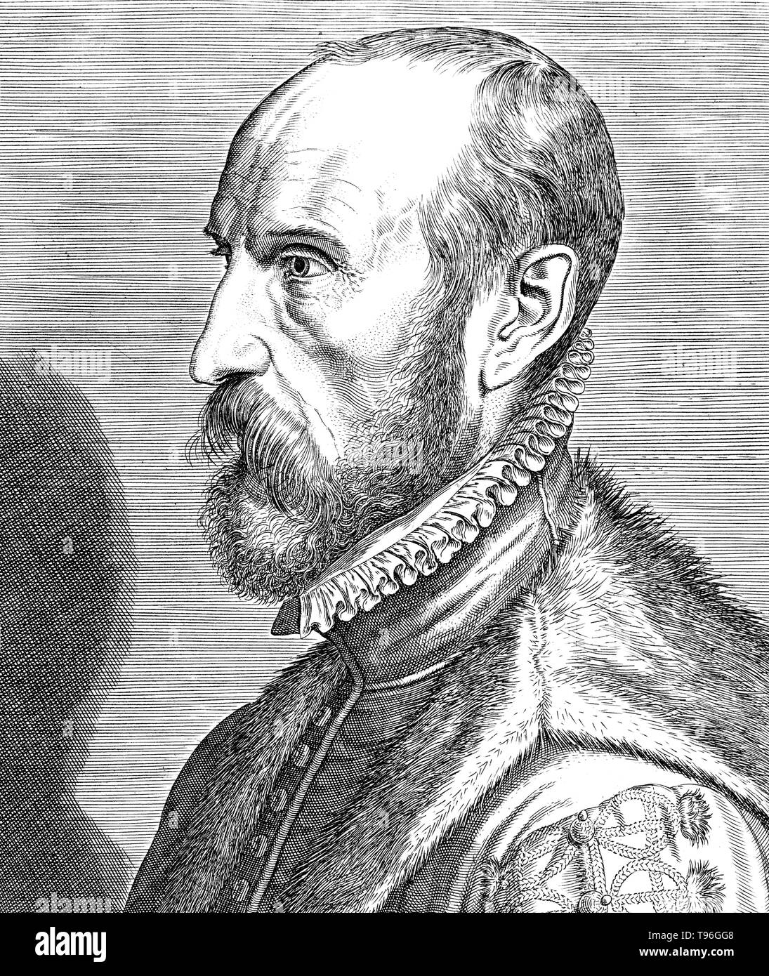 Abraham Ortelius (14 Aprile 1527 - 28 giugno 1598) Era un cartografo fiammingo e geografo. Inizio come una mappa incisore, entrò nel Anversa gilda di San Luca come un illuminatore di mappe. Egli ha incontrato Gerardus Mercatore nel 1554, che ha influenzato la sua decisione di diventare un geografo scientifica. Nel 1564 ha pubblicato la sua prima mappa, Typus Orbis Terrarum, un otto-parete lasciava mappa del mondo. In 1578 ha gettato le basi di un trattamento critico di antica geografia dalla sua Synonymia geographica. Foto Stock