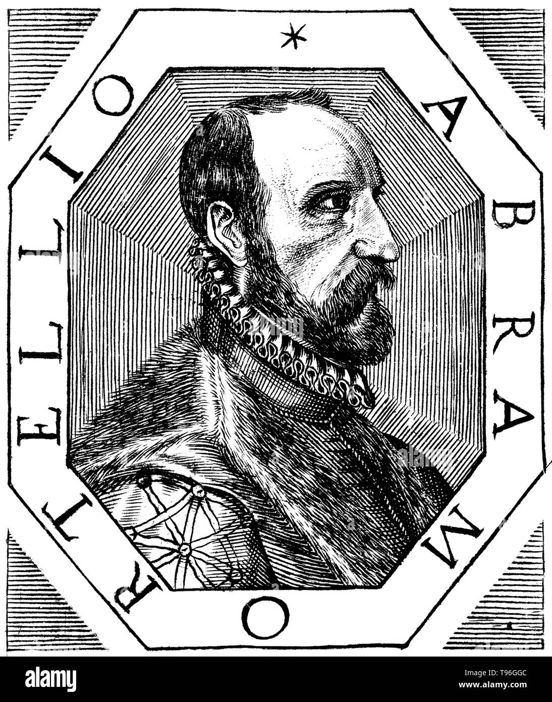 Abraham Ortelius (14 Aprile 1527 - 28 giugno 1598) Era un cartografo fiammingo e geografo. Inizio come una mappa incisore, entrò nel Anversa gilda di San Luca come un illuminatore di mappe. Egli ha incontrato Gerardus Mercatore nel 1554, che ha influenzato la sua decisione di diventare un geografo scientifica. Nel 1564 ha pubblicato la sua prima mappa, Typus Orbis Terrarum, un otto-parete lasciava mappa del mondo. In 1578 ha gettato le basi di un trattamento critico di antica geografia dalla sua Synonymia geographica. Foto Stock