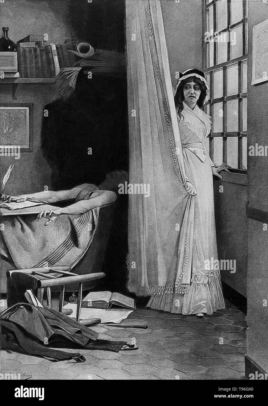 Charlotte Corday nascosto dietro una tenda, Marat morto nella sua vasca da bagno. Charlotte Corday (Luglio 27, 1768 - 17 luglio 1793) era una figura della Rivoluzione Francese. Nel 1793, fu ghigliottinato per l assassinio del leader giacobina Jean-Paul Marat. Ha creduto che Marat è stata la minaccia della Repubblica, e che la sua morte avrebbe il fine della violenza in tutta la nazione. Andò a Marat's home la sera di luglio 13th, affermando di essere a conoscenza di un progetto di insurrezione Girondist a Caen. Marat ha ammesso la sua. Foto Stock