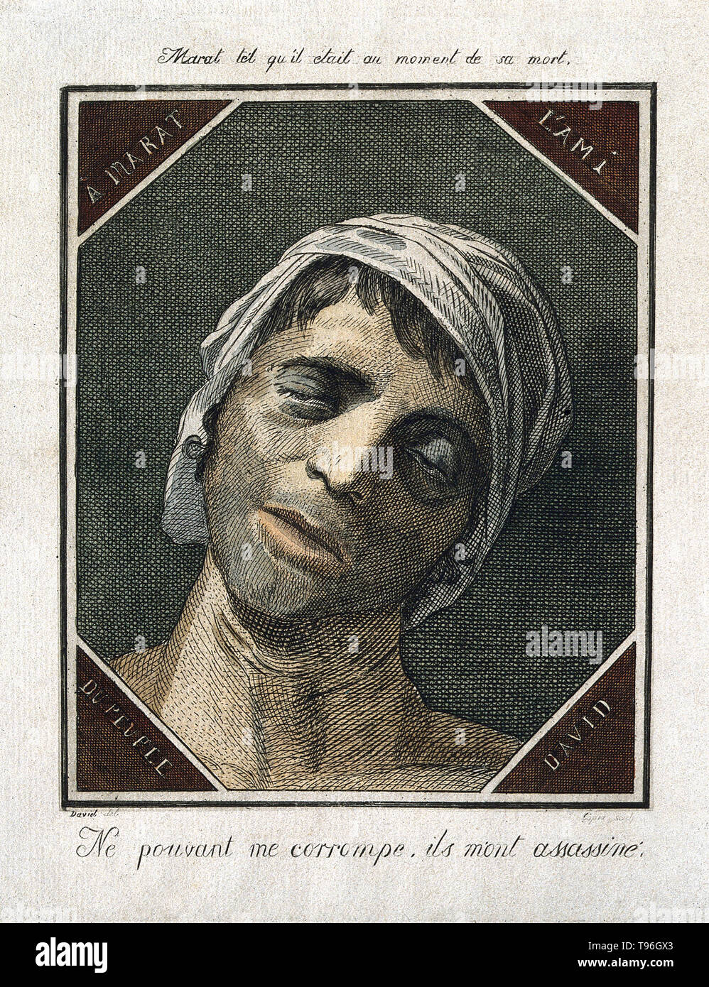 Marat al momento della sua morte. Jean-Paul Marat (24 maggio 1743 - 13 luglio 1793) era un medico, un teorico politico e scienziato più noto per la sua carriera in Francia come un radicale giornalista e politico durante la Rivoluzione Francese. Egli ha posto la sua carriera come scienziato e medico dietro di lui e ha preso la sua penna a nome della classe inferiore. Egli ha trasmesso il suo punto di vista attraverso il parlare in pubblico, scrivere saggi e giornale. Foto Stock