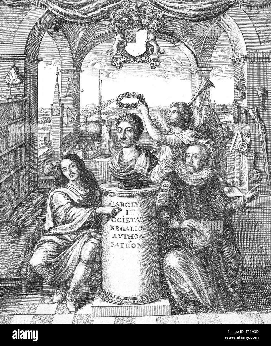 Francis Bacon e William Brouncker fiancheggianti un busto di re Carlo II impostato su un piedistallo, circondato da segni e simboli di apprendimento scientifico in una sala sul tetto al Gresham College. Francis Bacon (Gennaio 22, 1561 - Aprile 9, 1626) è stato un filosofo inglese, statista, scienziato, avvocato, giurista, autore e pioniere del metodo scientifico. Egli ha servito sia come Attorney General e Lord Cancelliere di Inghilterra. La sua carriera politica si è conclusa in disgrazia nel 1621. Foto Stock