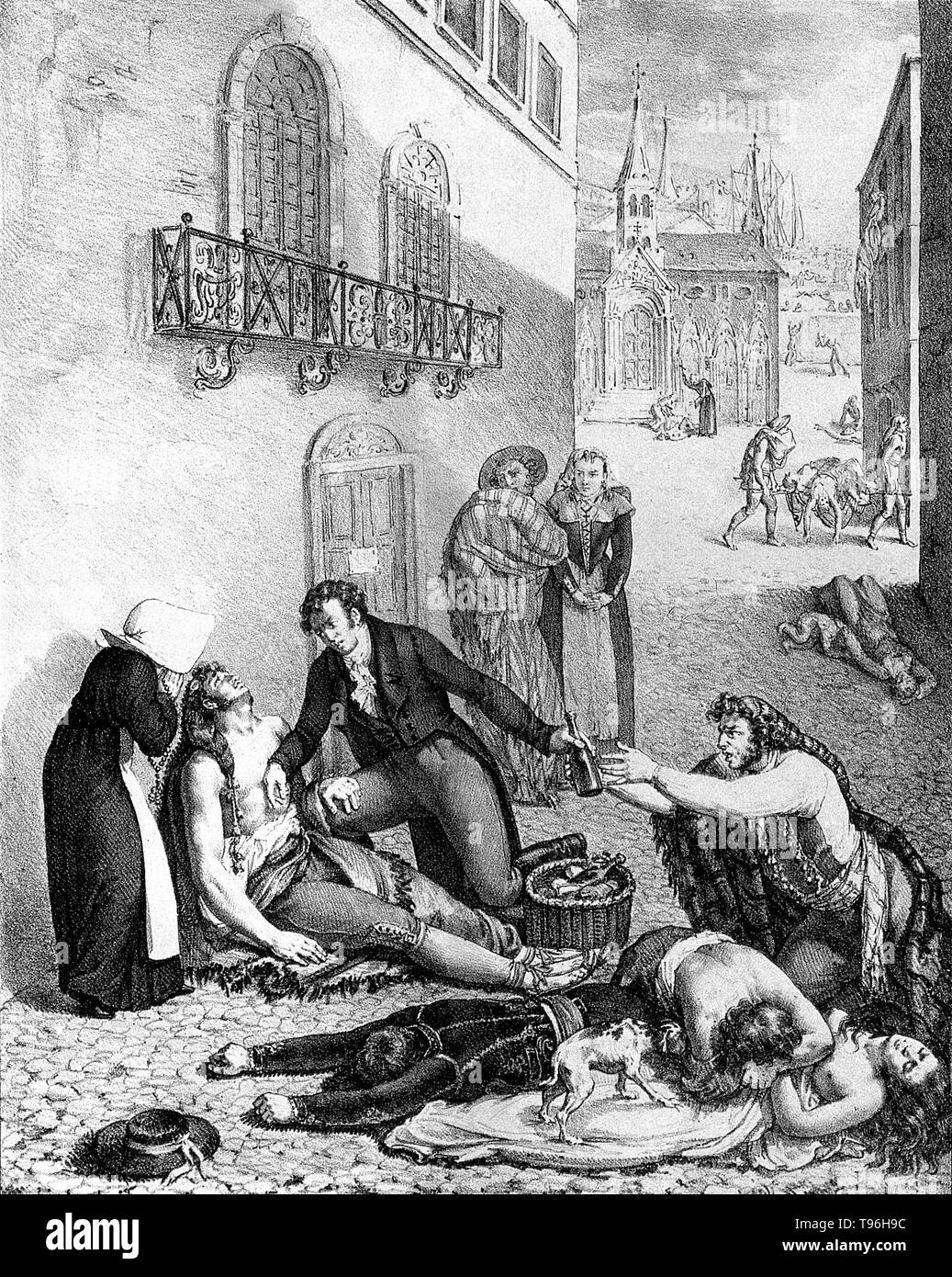 Mazet tendendo le persone che soffrono di febbre gialla nelle strade di Barcellona. André Mazet (Dicembre 1793 - 22 ottobre 1821) era un medico francese. Il suo libro, ''Osservazioni sur la Fievre Jaune, Faites un Cadix, en 1819'' fu un conto di una febbre gialla focolaio a Cadice. Mazet era uno dei cinque membri della commissione medica inviato a Barcellona dal governo francese per la lotta contro l'epidemia di febbre gialla. Arrivò a Barcellona il 8 di ottobre ed è stato quasi immediatamente infettate con febbre gialla, e morì lungo con diverse migliaia di cittadini durante il 1821 focolaio. Litografia da Langlumé af Foto Stock