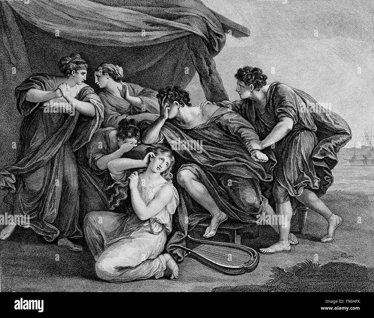 Achille in lutto per la morte di Patroclus. Nella mitologia greca, Achille era un eroe greco della guerra di Troia, il carattere centrale e il più grande guerriero di Iliade di Omero. Stato delle leggende che Achille era invulnerabile in tutto il suo corpo eccetto per il suo calcagno. Morì a causa di una piccola ferita sul suo tallone, così il termine tallone di Achille è giunta a significare una persona la principale debolezza. Foto Stock