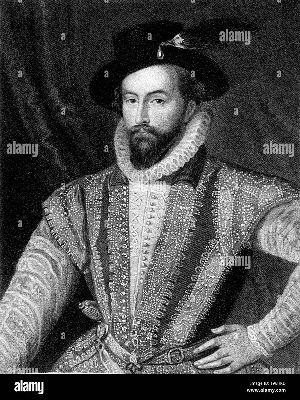 Walter Raleigh (1554 - ottobre 29,1618) era un aristocratico inglese, scrittore, poeta, soldato, cortigiano, spy ed Esplora risorse. Egli è il più ricordato per la diffusione del tabacco in Inghilterra. Il suo piano nel 1584 per la colonizzazione del Nord America si è conclusa con un fallimento a Isola Roanoke, ma ha spianato la strada per la successiva colonie. Foto Stock