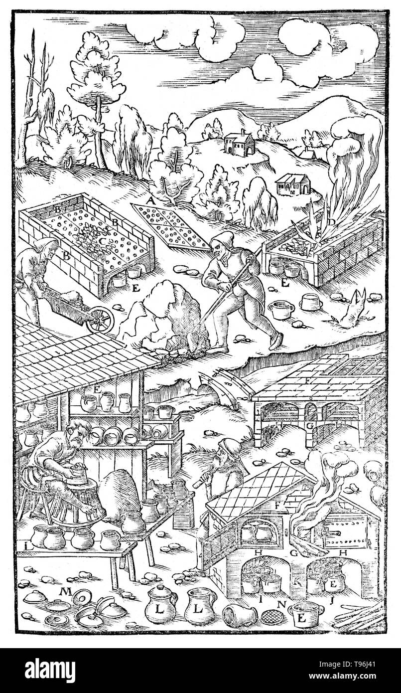 Xilografia da De re metallica. La combustione di carbonella e vasi riempiti con minerale. Georgius Agricola (24 marzo 1494 - 21 novembre 1555) era uno studioso tedesco e scienziato, noto come " padre della mineralogia''. Nel 1556 ha pubblicato il suo libro De re metallica, un trattato sulla coltivazione mineraria e la metallurgia estrattiva, con xilografie che illustra i processi per estrarre i minerali dal terreno e metallo dal minerale, e i molti usi di mulini ad acqua nel settore minerario. Foto Stock