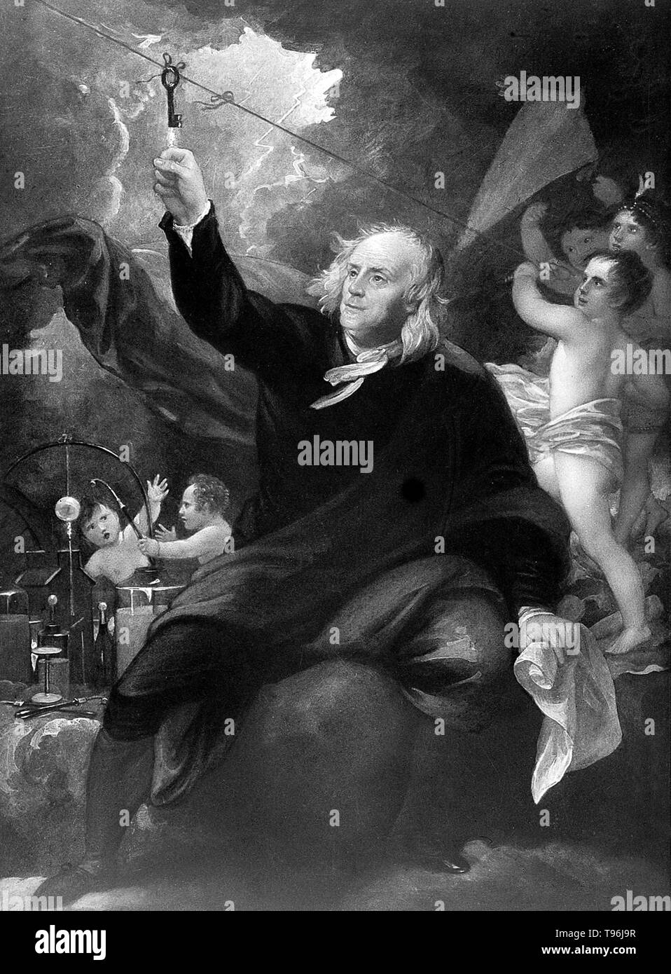 Benjamin Franklin con il suo Kite in background. Benjamin Franklin (Gennaio 17, 1706 - Aprile 17, 1790) è stato uno dei padri fondatori degli Stati Uniti. Egli era un autore, una stampante, un teorico politico, politico, postmaster, scienziato, musicista, inventore, Satiro, attivista civica, statista e diplomatico. Come scienziato, egli è stato una figura importante nella American Illuminismo e la storia della fisica per le sue scoperte e le teorie in materia di elettricità. Foto Stock
