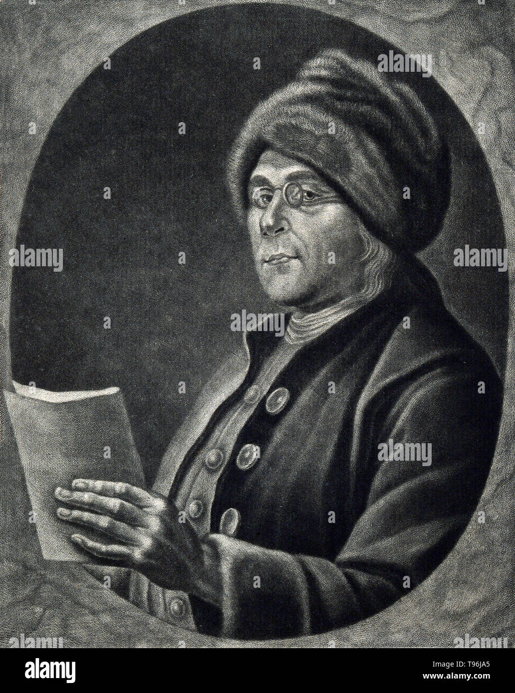 Benjamin Franklin (Gennaio 17, 1706 - Aprile 17, 1790) è stato uno dei padri fondatori degli Stati Uniti. Egli era un autore, una stampante, un teorico politico, politico, postmaster, scienziato, musicista, inventore, Satiro, attivista civica, statista e diplomatico. Come scienziato, egli è stato una figura importante nella American Illuminismo e la storia della fisica per le sue scoperte e le teorie in materia di elettricità. Foto Stock