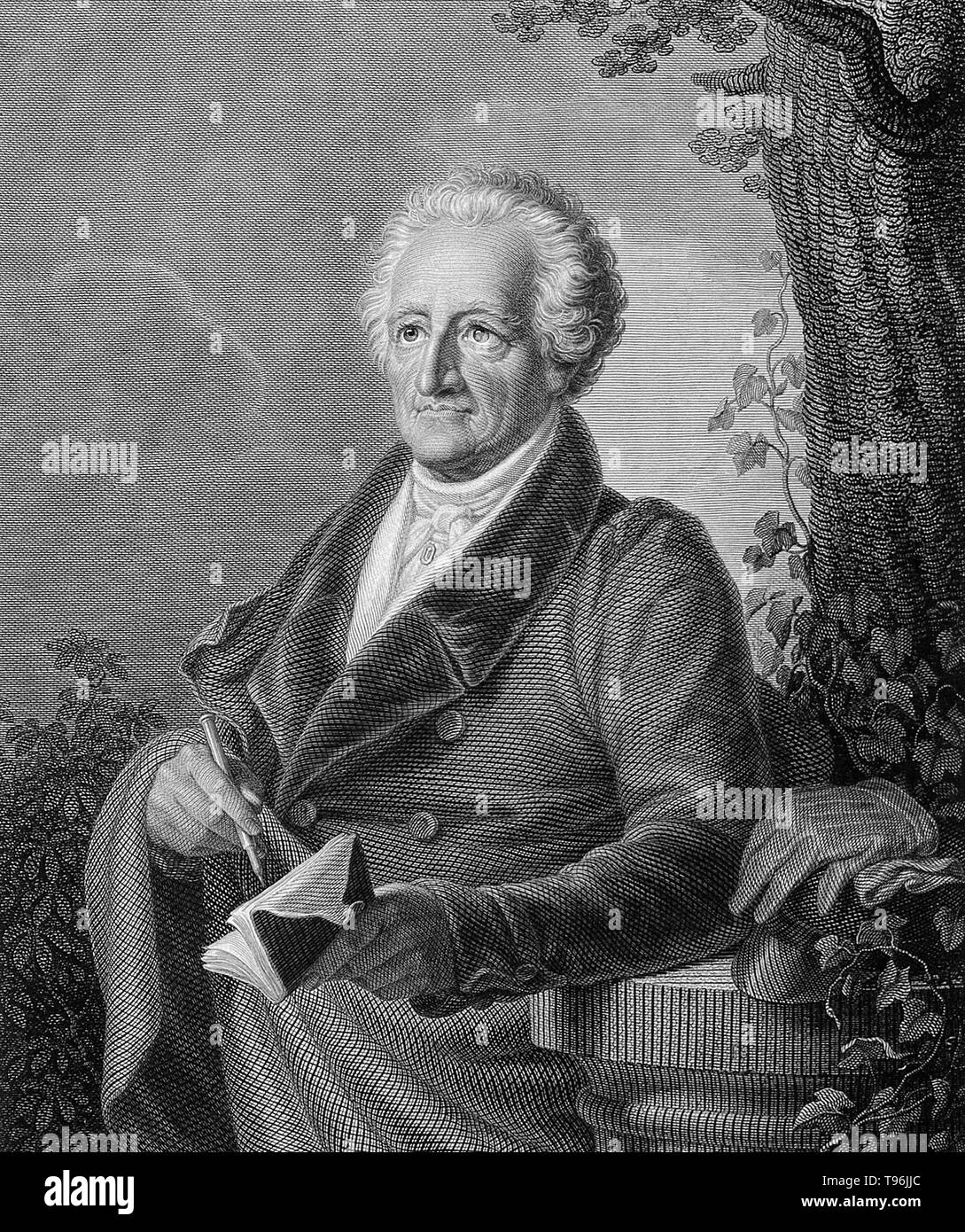 Johann Wolfgang von Goethe (28 agosto 1749 - 22 Marzo 1832) è stato uno scrittore tedesco, artista pittorico, biologo, statista, fisico teorico, e polymath. Egli è considerato il genio supremo della moderna letteratura tedesca. Le sue opere span i campi di poesia, teatro, prosa, filosofia e scienza. Il suo Faust è stato chiamato uno dei più grandi opere drammatiche di letteratura europea moderna. Foto Stock