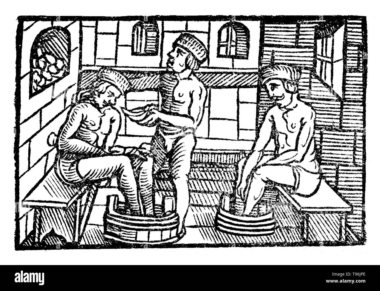 Xilografia illustrazione da Der gantzen Artzenei, 1542. Johann Dryander (Eichmann) (27 giugno 1500 - 20 dicembre 1560) era un tedesco anatomista, astronomo e medico. Nel 1535 fu nominato professore di medicina presso l'Università di Marburg. Dryander è stato uno dei primi autori di libri di testo per illustrare con xilografie e il primo per illustrare una dissezione galenica del cervello umano. Una edizione ampliata di questo inizio di libro, il Anatomiae pars prima, è stato pubblicato nel 1537. Foto Stock