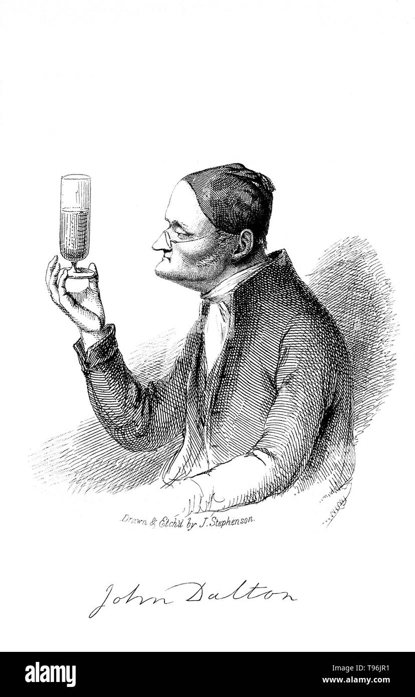 John Dalton (6 settembre 1766 - 27 luglio 1844) era un farmacista inglese, meteorologo e fisico. Se egli è meglio conosciuto per il suo lavoro pionieristico nello sviluppo della moderna teoria atomica iniziò un diario meteorologico in 1787 in cui ha inserito più di 200.000 osservazioni. Foto Stock