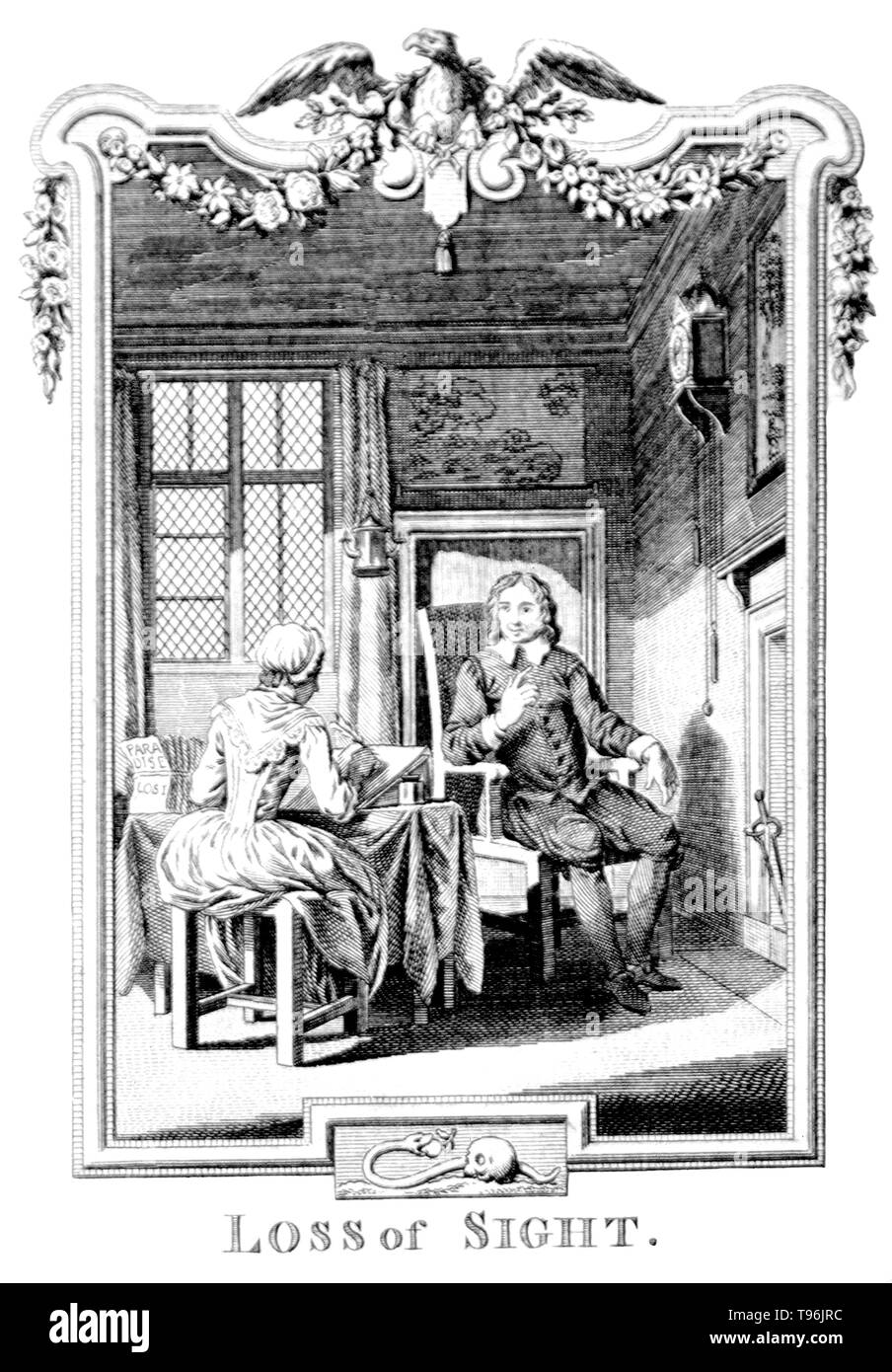 John Milton dettare 'Paradiso perduto' a sua figlia a causa della sua cecità. John Milton (Dicembre 9, 1608 - 8 novembre 1674) fu un poeta inglese, polemista e un funzionario civile per il Commonwealth dell' Inghilterra sotto Oliver Cromwell. Foto Stock