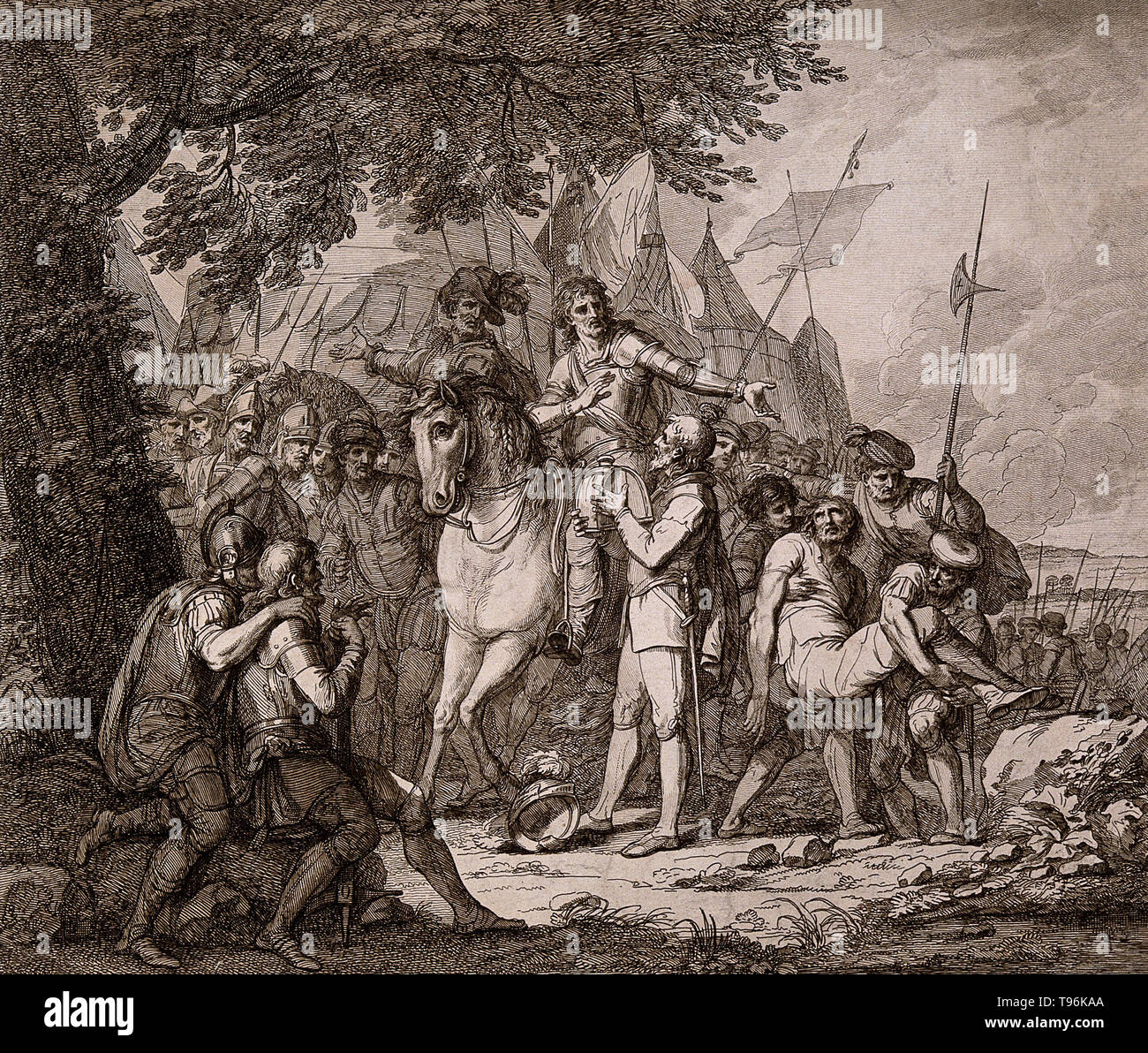 La morte di Sir Philip Sidney nella battaglia di Zutphen. Sir Philip Sidney (novembre 30, 1554 - 17 ottobre 1586) fu un poeta inglese, cortigiano, studioso e soldato, chi è ricordato come uno dei più eminenti figure del Elizabethan età. Nel 1572, all'età di 18, è stato eletto al Parlamento europeo come un membro del Parlamento di Shrewsbury e nello stesso anno si è recato in Francia come parte dell'ambasciata a negoziare un matrimonio tra Elisabetta I e il Duca D'ALENCON. Foto Stock