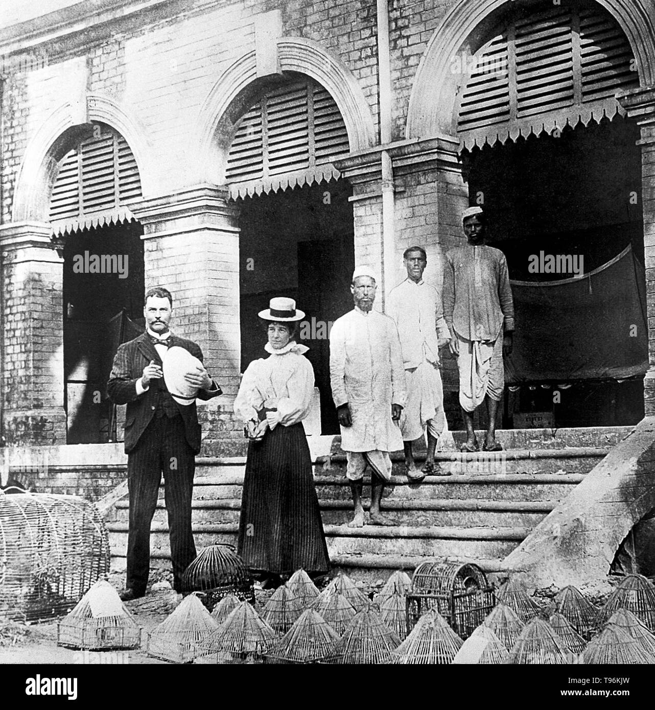 Ross on le fasi di laboratorio in Calcutta, 1898. Con la signora Ross, Mahomed Bux e gli assistenti di laboratorio in primo piano le gabbie per uccelli malariche. Sir Ronald Ross (13 maggio 1857 - 16 settembre 1932) era un medico inglese e polymath. Egli è nato in India dove il nonno di contratto la malaria e ha giurato in età precoce per trovare una cura. All'età di otto anni egli fu inviato in Inghilterra per la sua educazione. Foto Stock Ross on le fasi di laboratorio in Calcutta, 1898. Con la signora Ross, Mahomed Bux e gli assistenti di laboratorio in primo piano le gabbie per uccelli malariche. Sir Ronald Ross (13 maggio 1857 - 16 settembre 1932) era un medico inglese e polymath. Egli è nato in India dove il nonno di contratto la malaria e ha giurato in età precoce per trovare una cura. All'età di otto anni egli fu inviato in Inghilterra per la sua educazione. Foto Stock