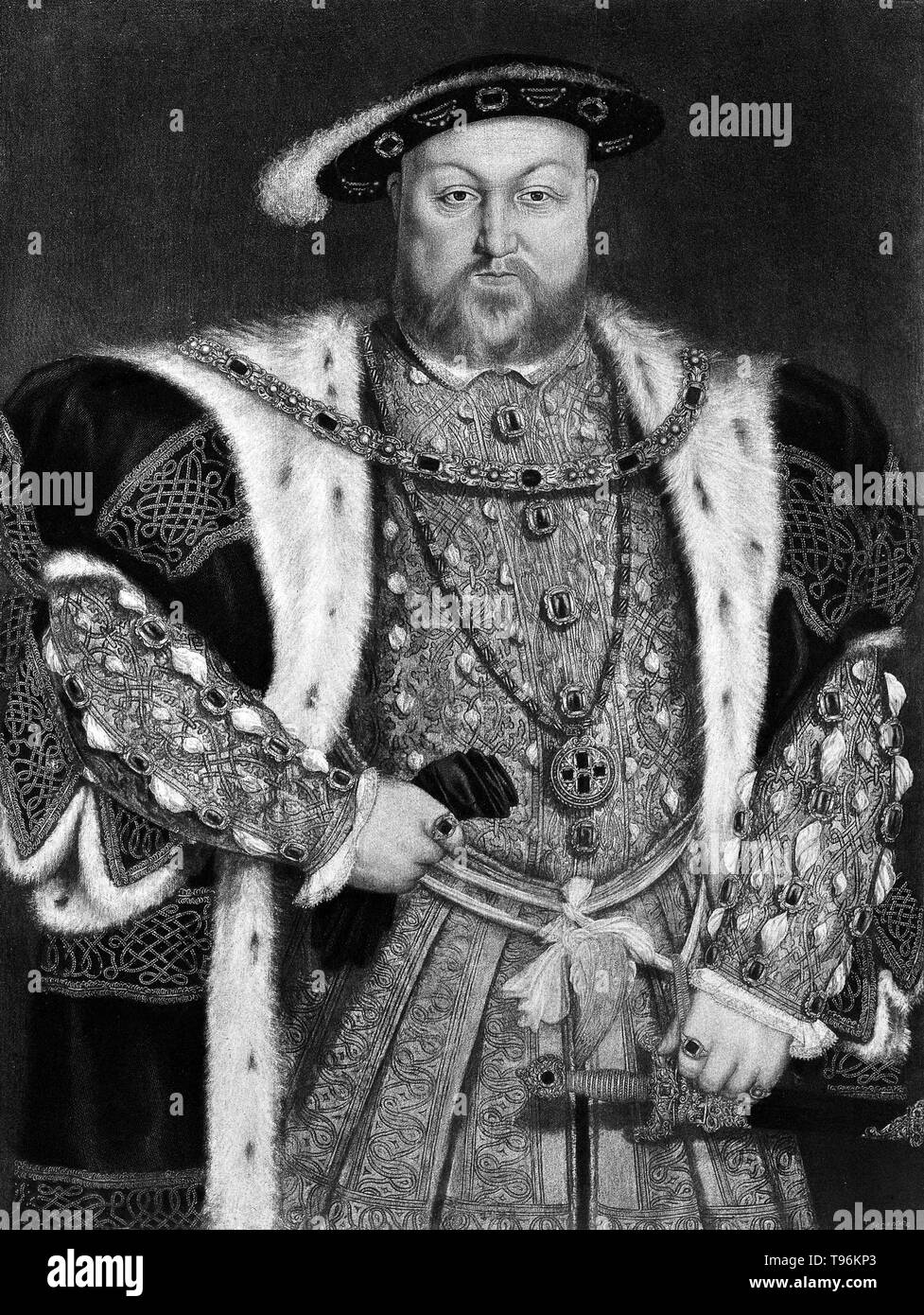 Ritratto di Re Enrico VIII nella Collezione Reale di Windsor. Henry VIII (Giugno 28, 1491 - 28 gennaio 1547) era il re d'Inghilterra dal 1509 fino alla sua morte. Henry è meglio conosciuta per i suoi sei matrimoni, in particolare i suoi sforzi per avere il suo primo matrimonio, Caterina d'Aragona, annullata. Il suo disaccordo con il Papa sulla questione di un tale annullamento Henry led per avviare la riforma inglese, separando la chiesa di Inghilterra da autorità papale. Foto Stock
