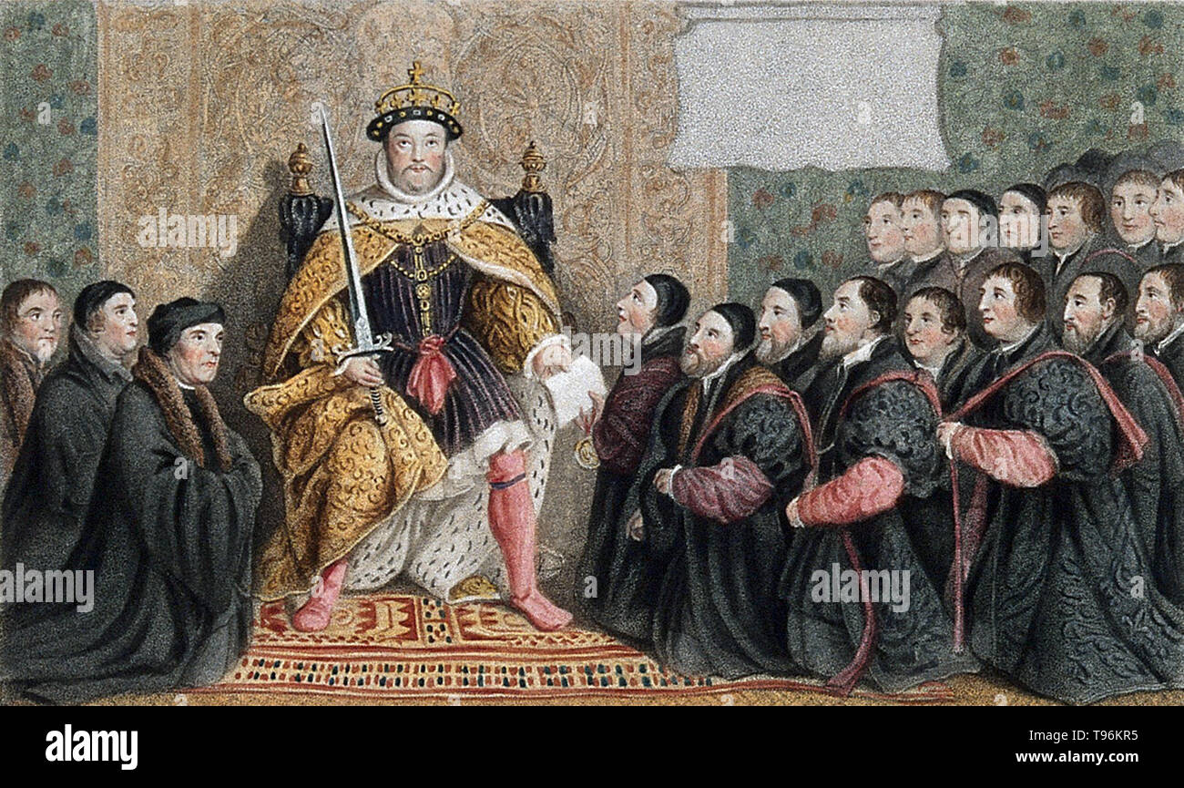 Henry VIII presentando una carta per il barbiere-chirurghi di Londra. Henry VIII (Giugno 28, 1491 - 28 gennaio 1547) era il re d'Inghilterra dal 1509 fino alla sua morte. Henry è meglio conosciuta per i suoi sei matrimoni, in particolare i suoi sforzi per avere il suo primo matrimonio, Caterina d'Aragona, annullata. Il suo disaccordo con il Papa sulla questione di un tale annullamento Henry led per avviare la riforma inglese, separando la chiesa di Inghilterra da autorità papale. Foto Stock