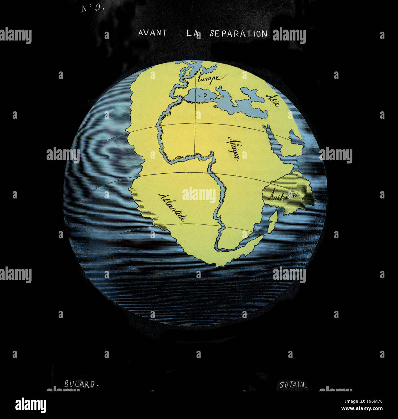 Snider-Pellegrini teoria geologica. Mappa dei continenti prima di una loro separazione, come illustrato nel 1858 dal geografo francese Antonio Snider-Pellegrini. La mappa mostra come la costa delle Americhe si adatta a quelle di Europa e Africa. Snider-Pellegrini la teoria era che i continenti sono stati creati da Dio in questa forma, e sono stati quindi separati da una esplosione vulcanica il sesto giorno della creazione. Foto Stock