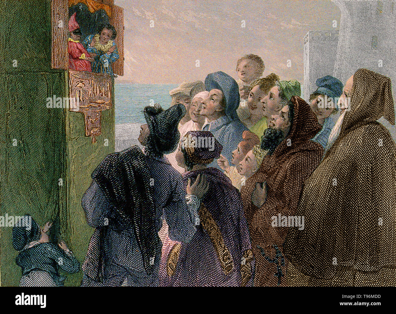 Una folla di persone raccolte intorno a un cavalletto in strada per guardare un punzone e Judy mostra a Napoli, Italia. Incisione di J. Goodyear dopo T. Uwins, 1834. Foto Stock