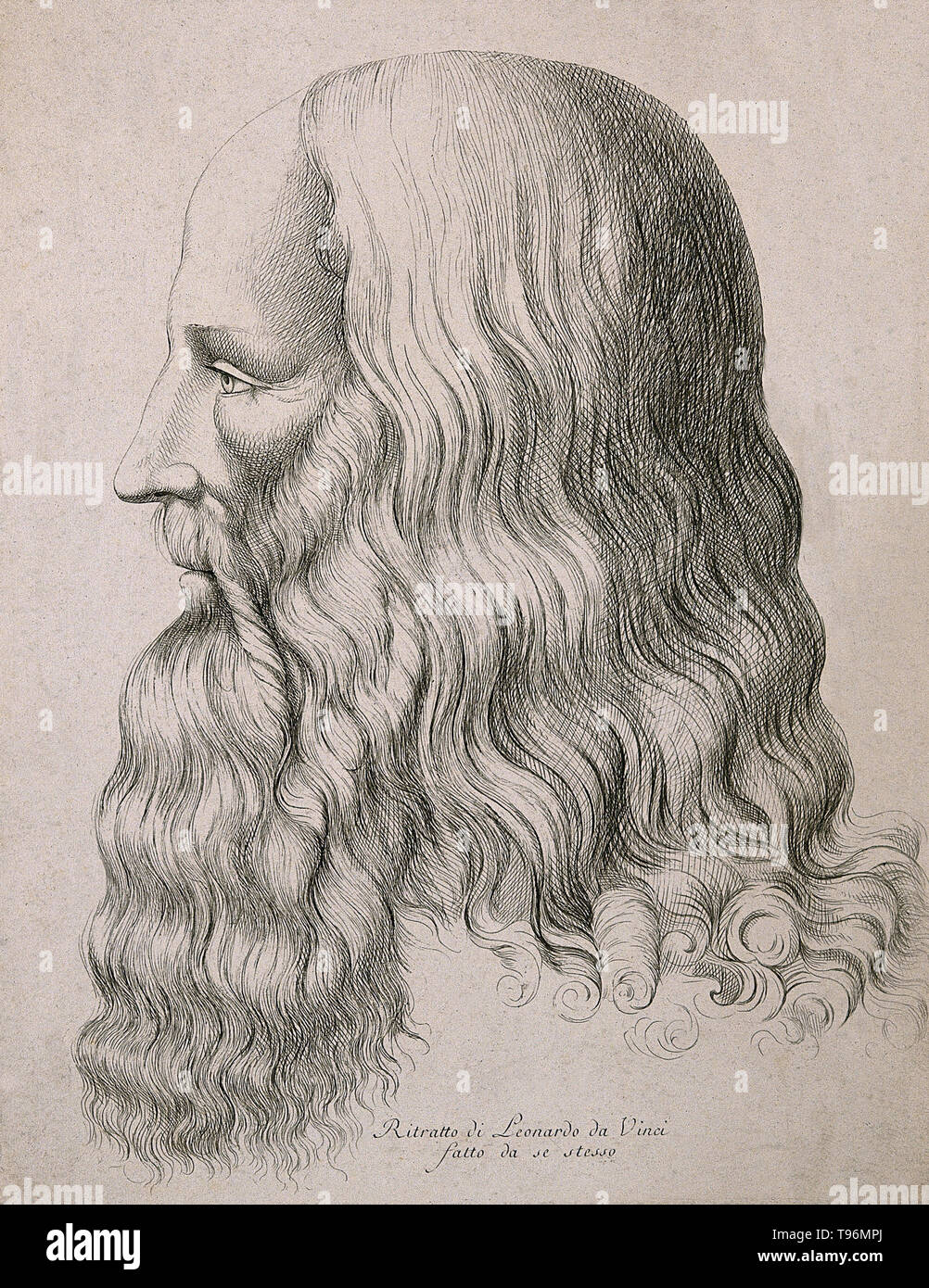 Leonardo di ser Piero da Vinci (15 Aprile 1452 - 2 Maggio 1519) era un rinascimento italiano polymath: pittore, scultore, architetto, musicista, matematico, ingegnere e inventore, anatomista, geologo, cartografo, botanico e scrittore. Il suo genio, forse più di qualsiasi altra figura, epitomized l'umanista rinascimentale ideale, spesso è stato descritto come l'archetipo del Rinascimento Man. Incisione di C. G. Gerli, 1784, dopo il sitter. Foto Stock