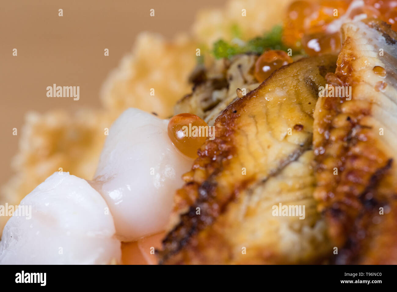 Tipica giapponese donburi pesce, gamberi tempura, materie gamberetti, filetti di salmone, tonno grigliato, caviale e tartare di tonno, a fette cetrioli, materie branzino filetti Foto Stock
