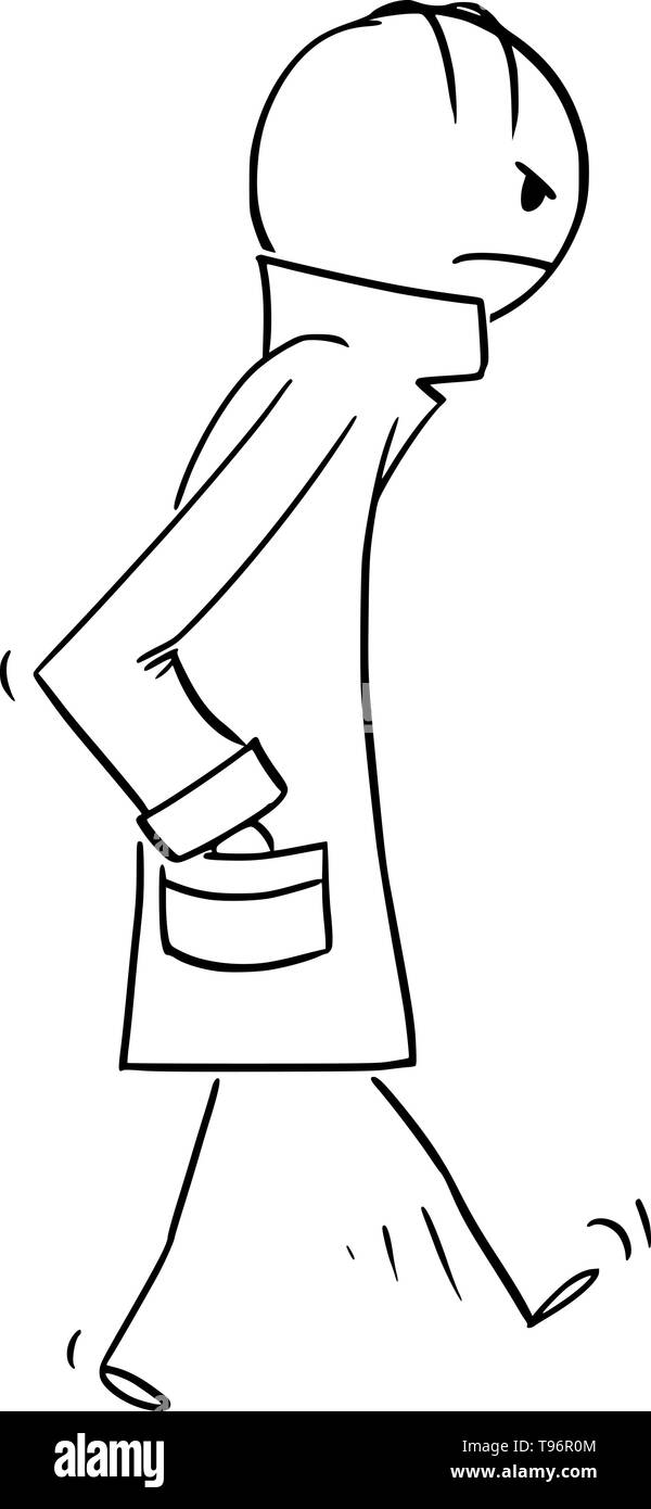 Vector cartoon stick figura disegno illustrazione concettuale di uomo che cammina avvolto in e indossando cappotto pesante, soprabito,topcoat,impermeabile o greatcoat. Illustrazione Vettoriale