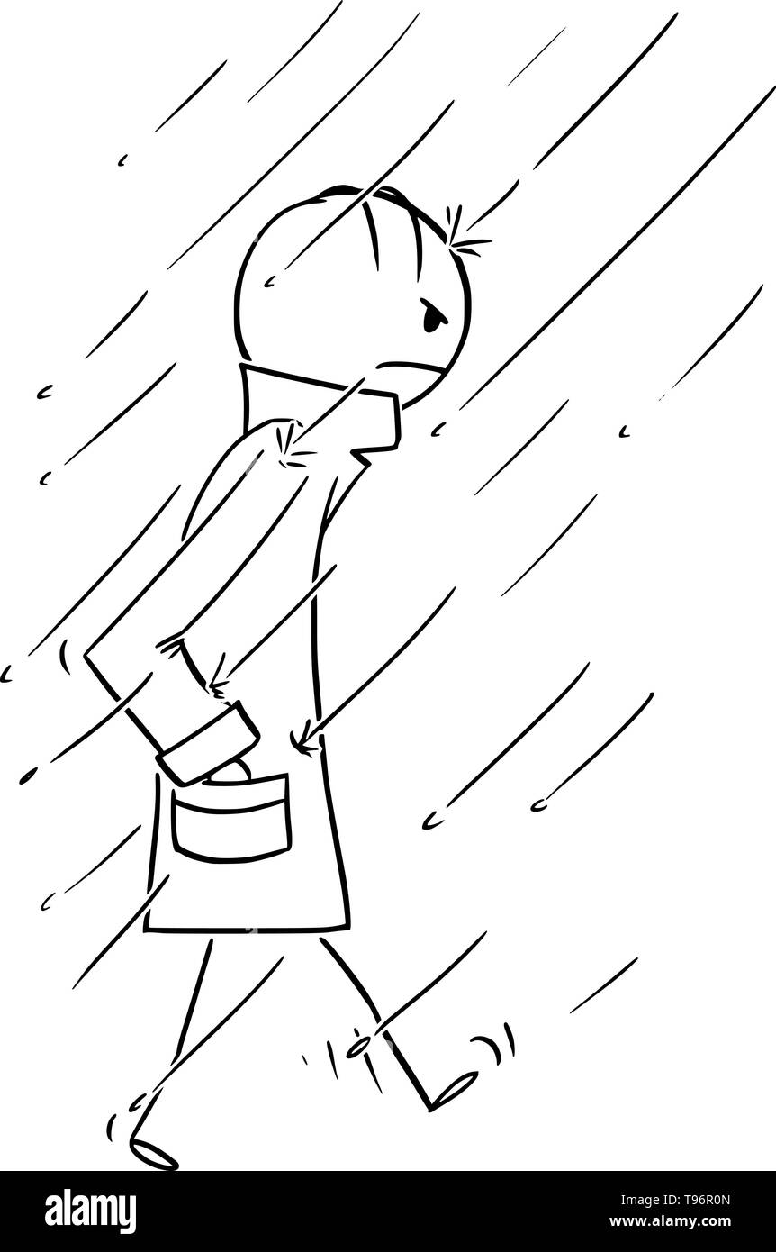 Vector cartoon stick figura disegno illustrazione concettuale dell uomo a camminare nella pioggia avvolti in e indossando cappotto pesante, soprabito,topcoat,impermeabile o greatcoat. Illustrazione Vettoriale