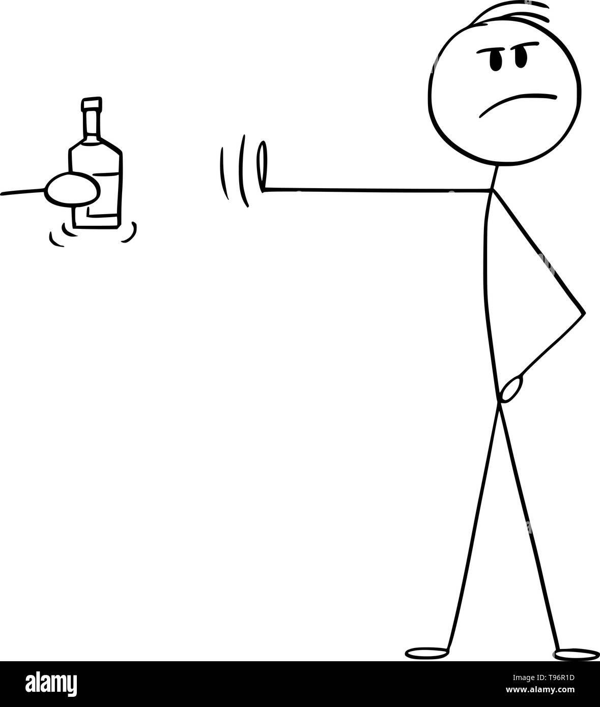 Vector cartoon stick figura disegno illustrazione concettuale di principled o alta principled uomo respingendo una bottiglia di alcool o liquore duro con la mano il gesto e posa. Illustrazione Vettoriale