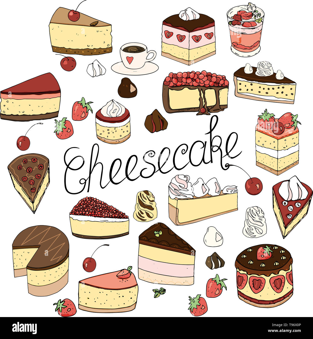 Un set di cheesecake è costituito da elementi di torte e pasticcini, isolato doodle set design decorazione e disegnati a mano nello stile di disegno naif. Foto Stock