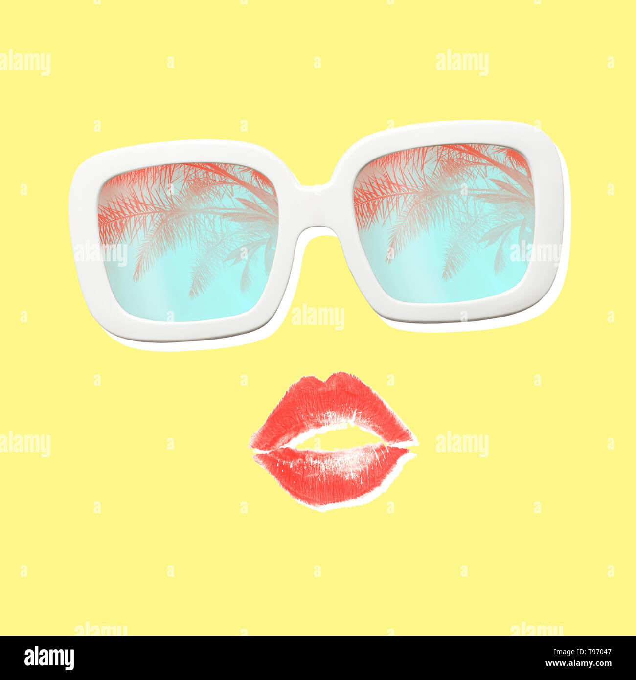 L'arte contemporanea collage fatto di labbra di corallo e bianco alla moda di occhiali da sole su sfondo giallo. La vacanza estiva concetto. Foto Stock