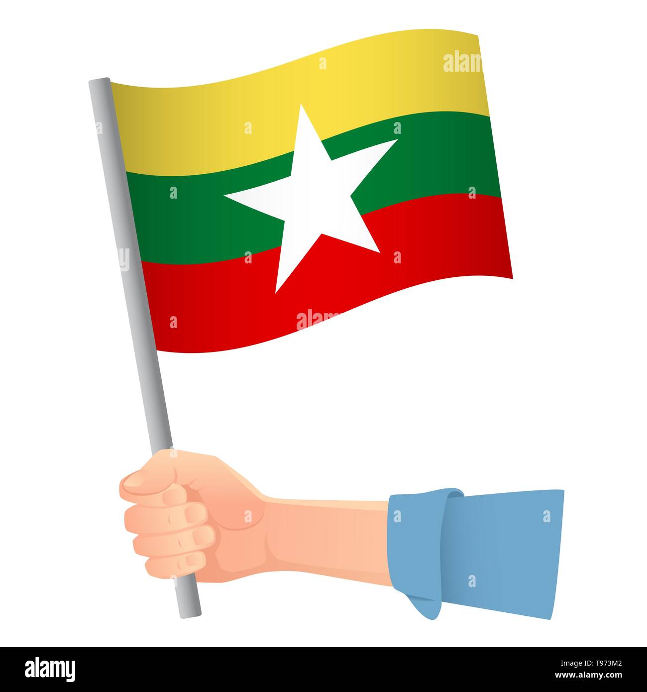 La Birmania bandiera in mano. Sfondo patriottico. Bandiera nazionale della Birmania illustrazione Foto Stock