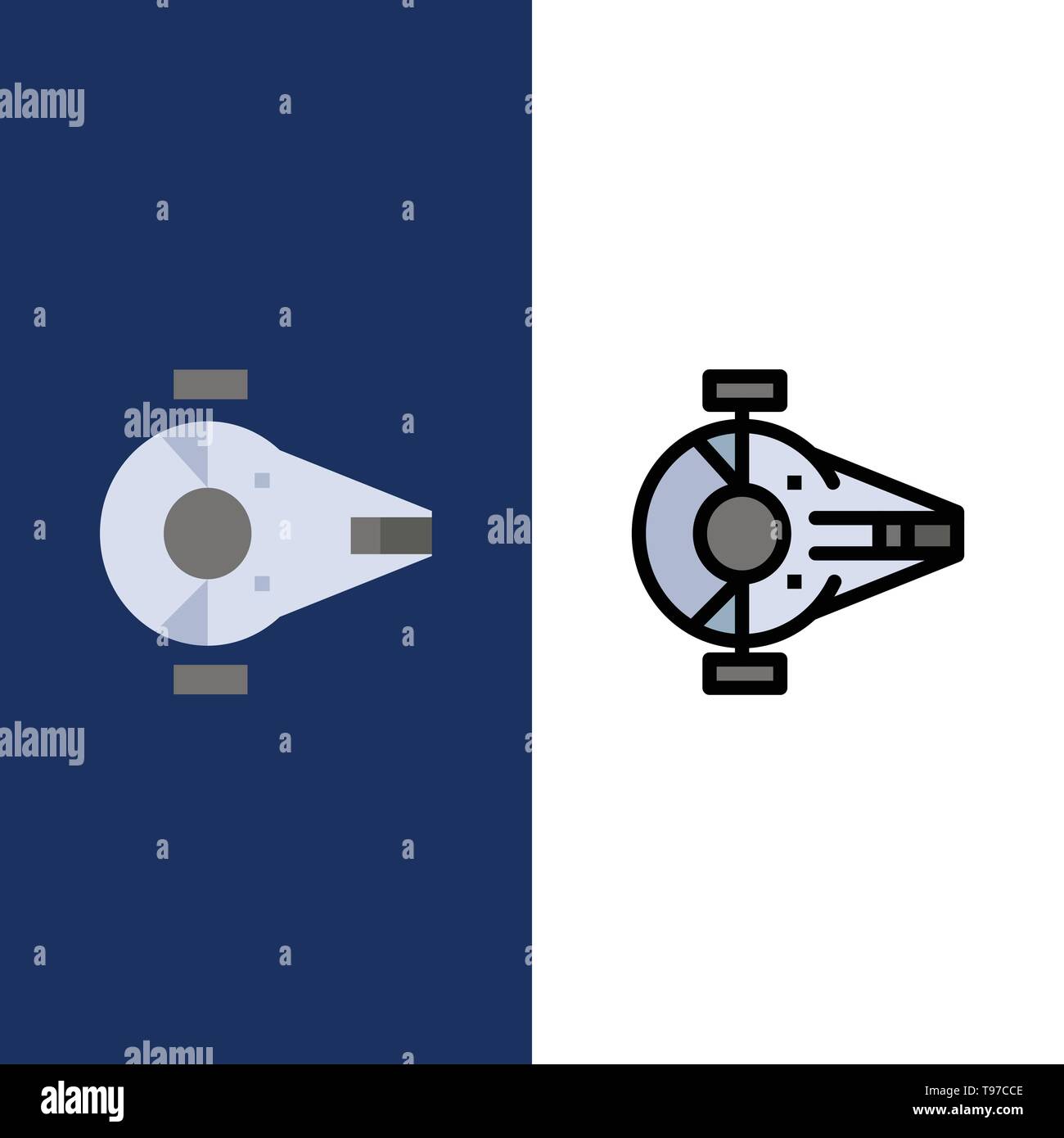 Cruiser, Fighter, Interceptor, nave, le icone di veicoli spaziali. Piatto e riempito di linea Imposta icona Vettore sfondo blu Illustrazione Vettoriale