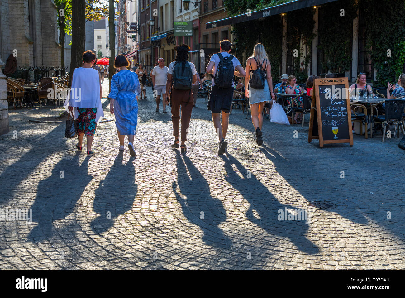 Vicolo stretto, vista cattedrale, nel centro storico di Anversa, nelle Fiandre, in Belgio, caffetterie, Foto Stock