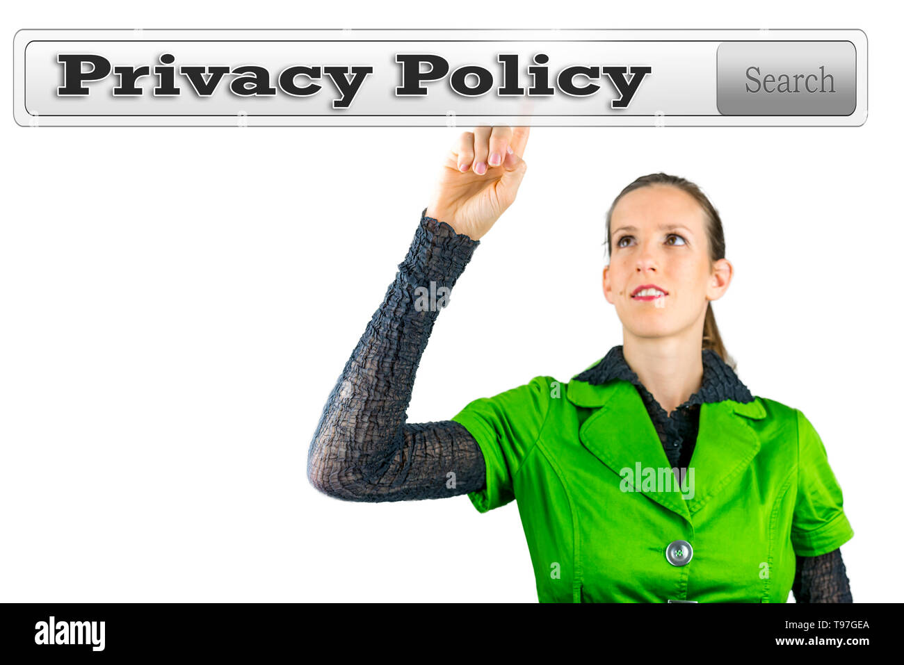 Politica sulla privacy scritto nella barra di ricerca su schermo virtuale. Foto Stock