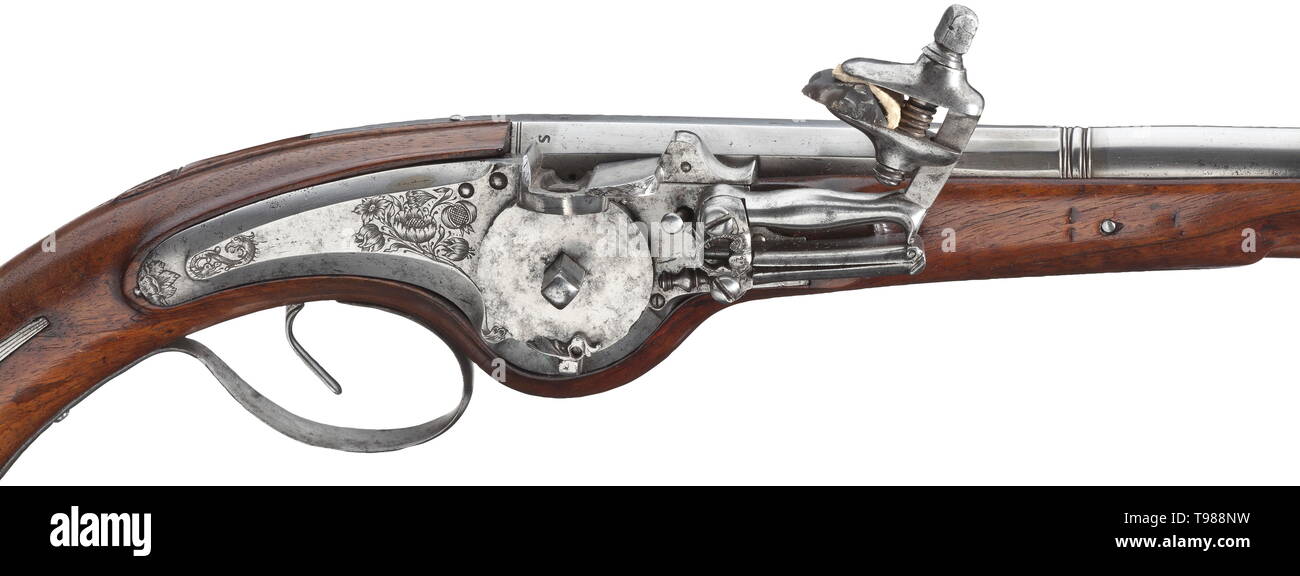 Un militare pistola wheellock, Norimberga, circa 1650 poi ottagonale round alesaggio liscio canna in 13 mm di calibro. Sopra la camera del monogramma " G P S'. Il wheellock finemente cesellato con fiori, all'interno stampato 'GPS' oltre il martello (Stöckel n. 2697) e Norimberga prova mark. Noce stock pieno con inciso ornamentally buttplate di ferro. Originale bacchetta di caricamento in legno con la punta del ferro. Elaboratamente pistola predisposto in ottime condizioni. Lunghezza 58 cm. storica, storica, Gun, pistole, armi da fuoco, braccio di fuoco, armi da fuoco, armi da fuoco, armi, armi, arma, braccio, dispositivo di combattimento, Additional-Rights-Clearance-Info-Not-Available Foto Stock