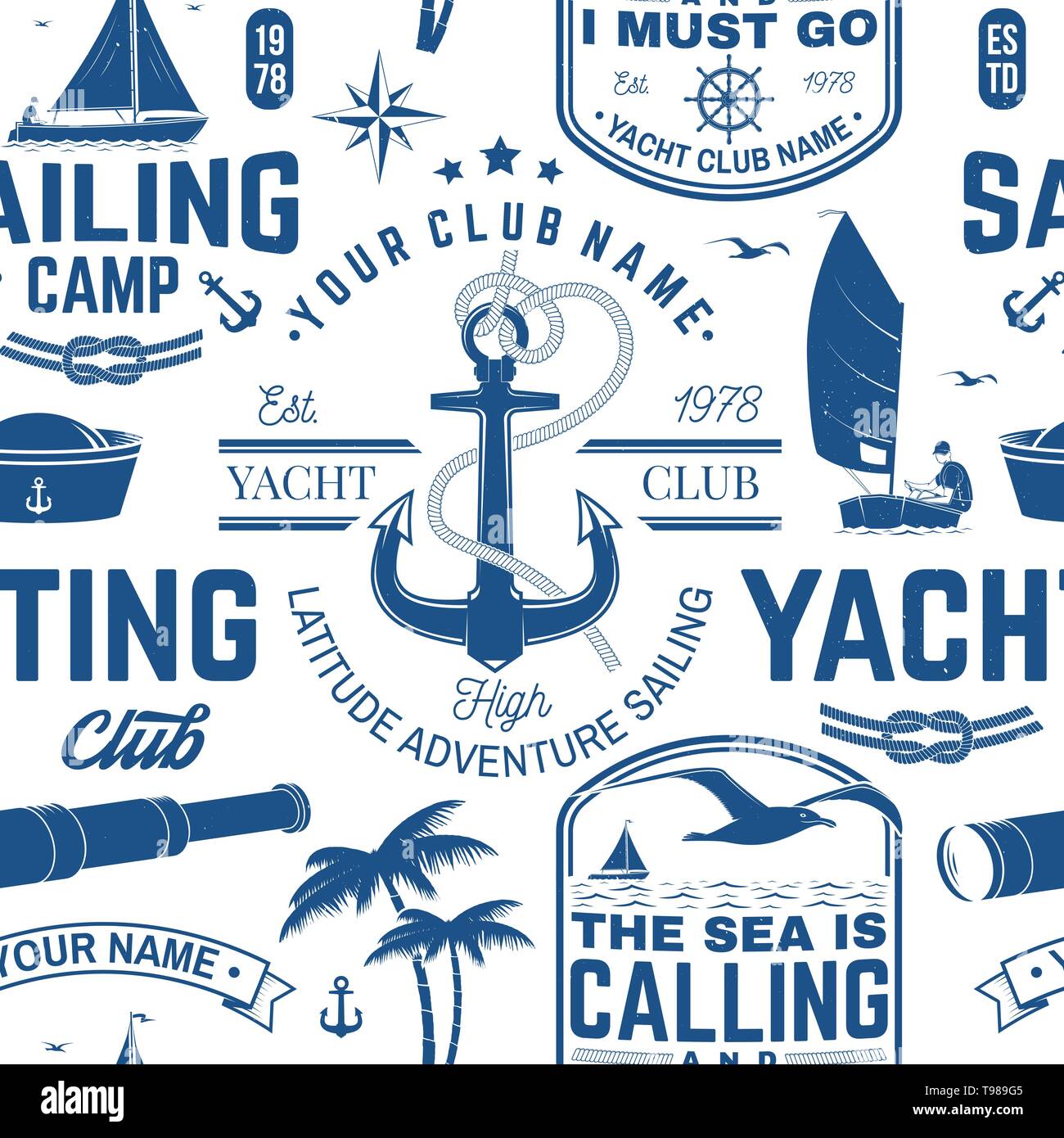 Yacht club seamless pattern o sfondo. Illustrazione Vettoriale. Concetto di yachting shirt, stampare il timbro o il raccordo a t. Design con sea anchor, volantino, bussola, Sextant e nodo di corda silhouette. Illustrazione Vettoriale