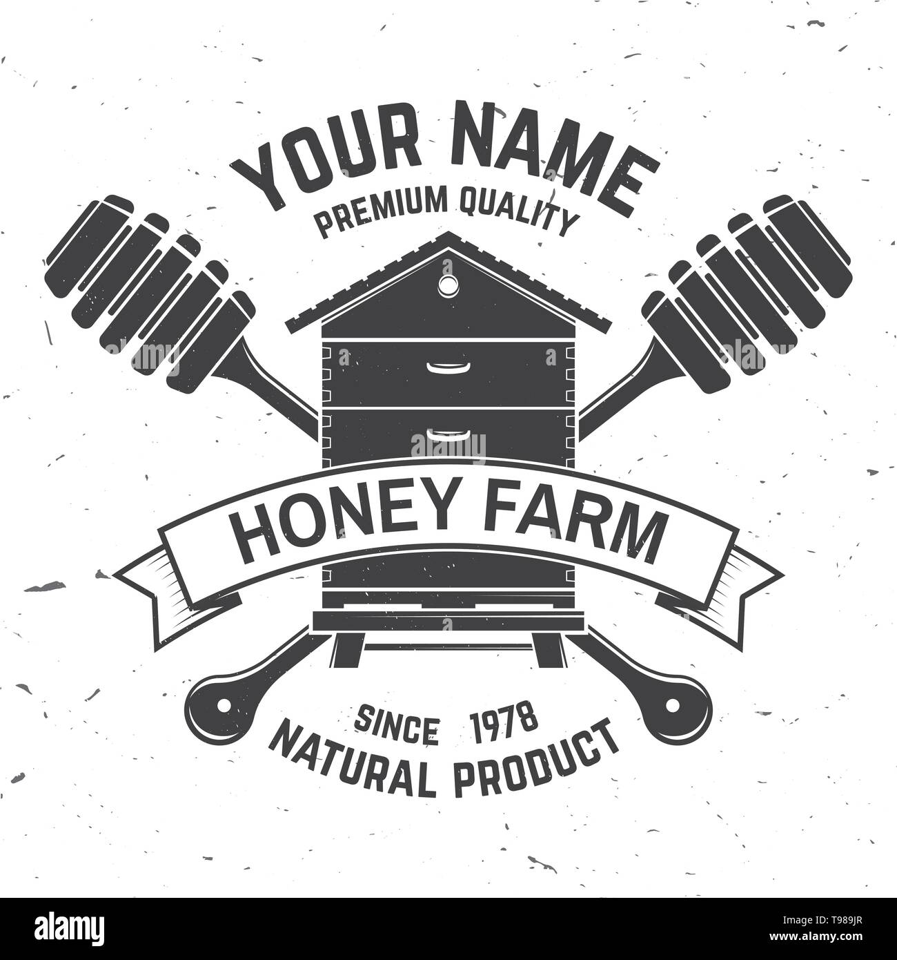 Honey Farm badge. Illustrazione Vettoriale. Concetto di t-shirt, stampare il timbro o il raccordo a t. Vintage design tipografia con alveare e il miele silhouette del bilanciere. Design retrò per honey bee farm business Illustrazione Vettoriale