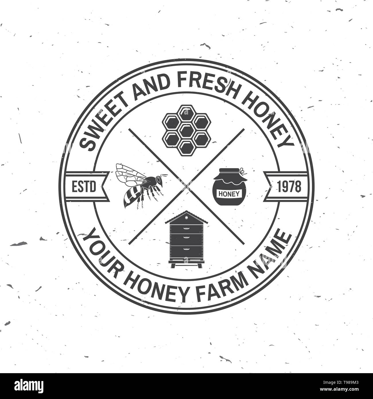 Honey Farm badge. Illustrazione Vettoriale. Concetto di t-shirt, stampare il timbro o il raccordo a t. Vintage design tipografia con bee hive, e miele silhouette del bilanciere. Design retrò per honey bee farm business Illustrazione Vettoriale