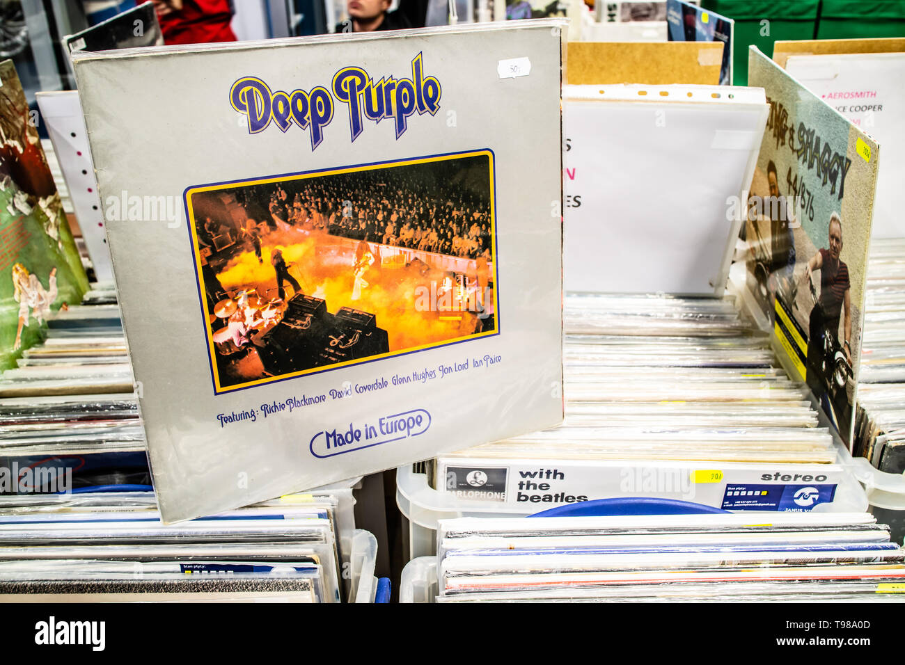 Nadarzyn, Polonia, 11 maggio 2019 Deep Purple album in vinile sul display per la vendita, vinile, LP, Album rock, inglese rock band, collezione di vinili Foto Stock