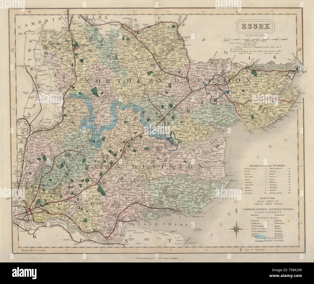 Antiquariato Essex County map da J & C Walker. Ferrovie & boroughs 1868 old Foto Stock