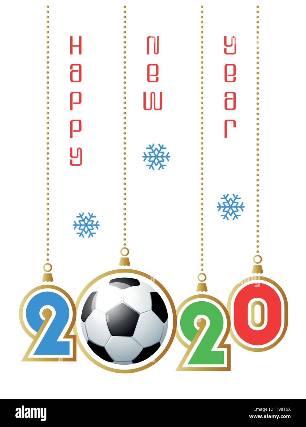 Felice Anno Nuovo 2020! Sport biglietto di auguri con realistica pallone da calcio. Illustrazione Vettoriale. Illustrazione Vettoriale