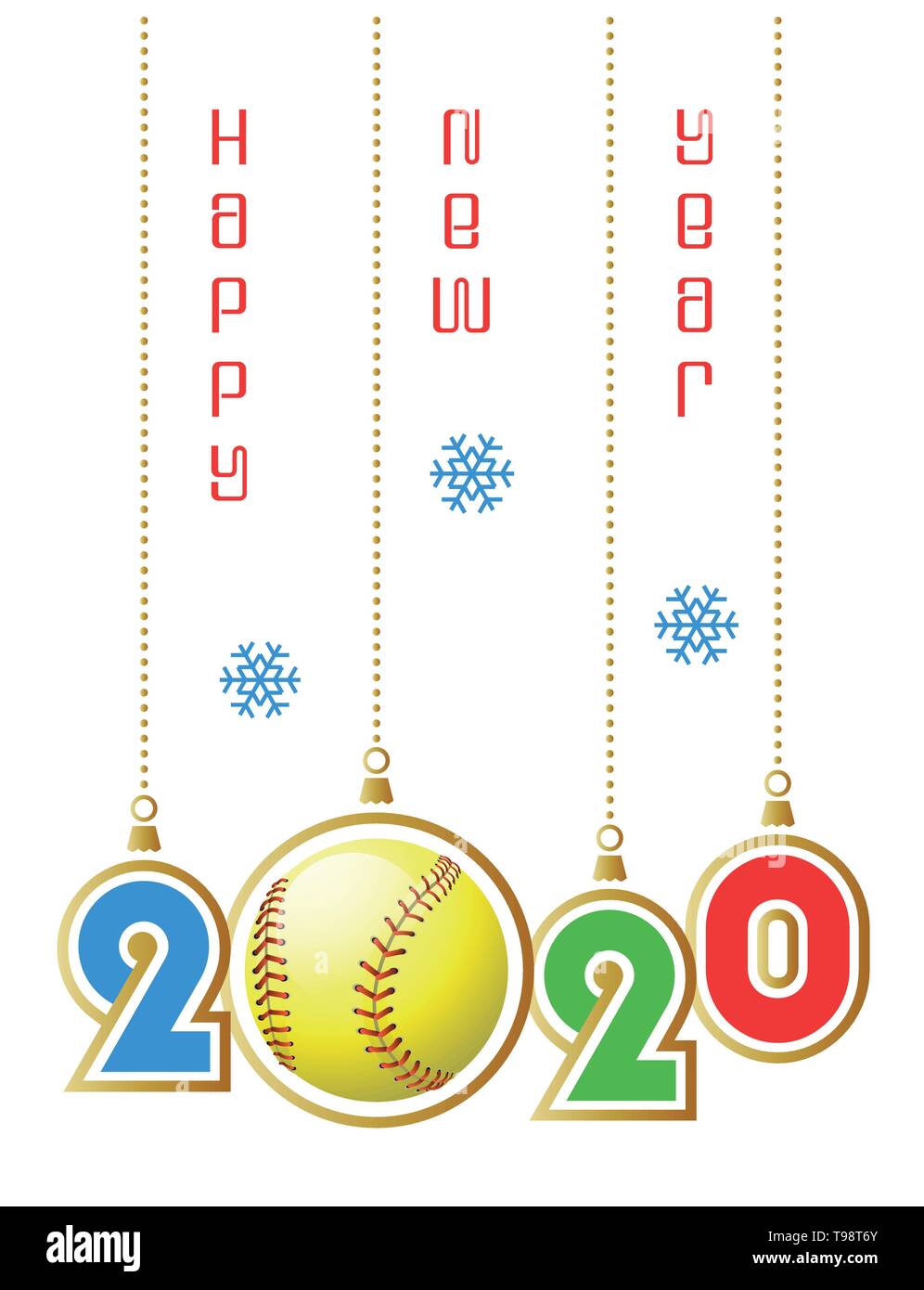 Felice Anno Nuovo 2020! Sport biglietto di auguri con realistica Softball palla. Illustrazione Vettoriale. Illustrazione Vettoriale