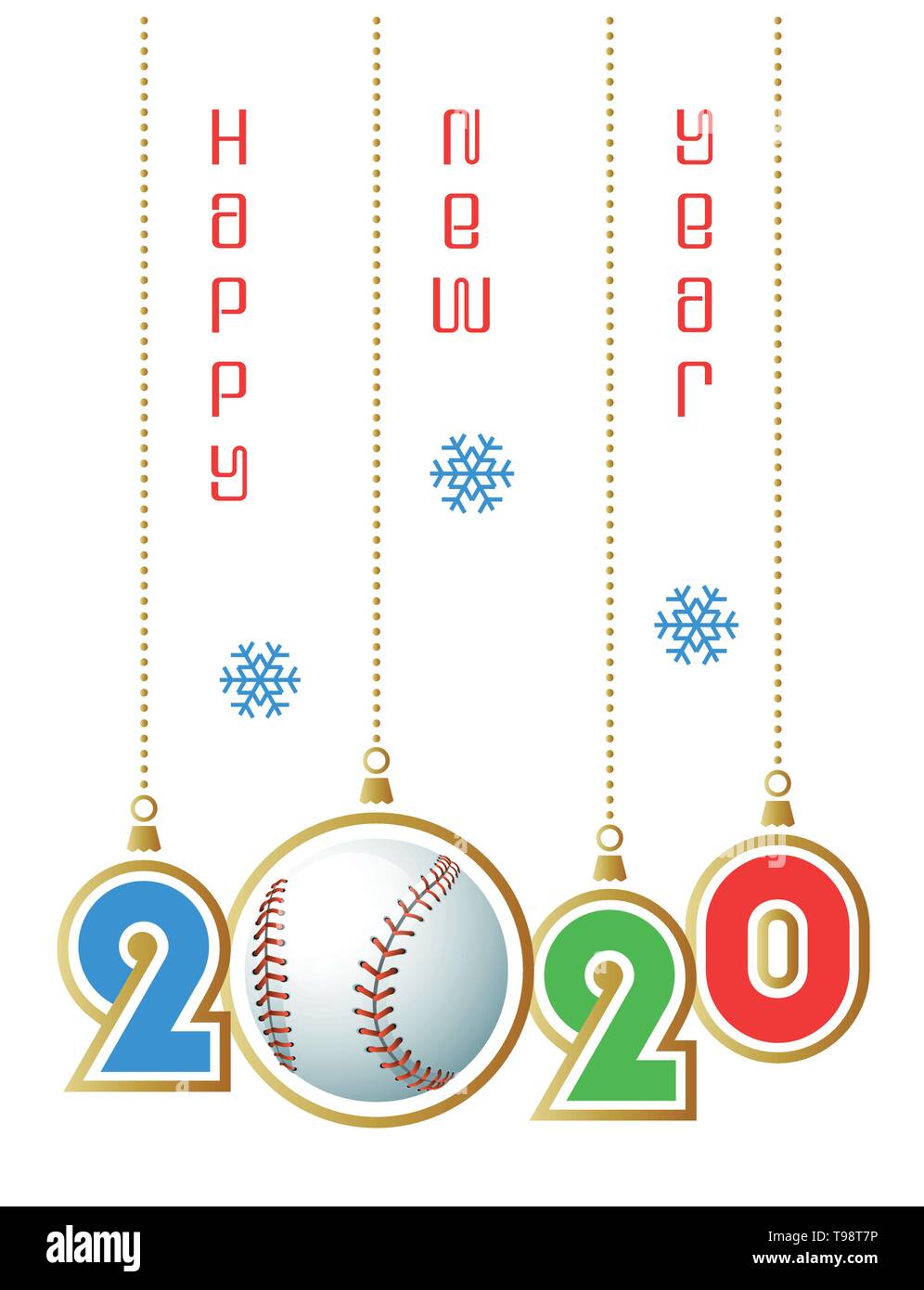 Felice anno nuovo 2020. Sport biglietto di auguri con realistica palla da baseball. Illustrazione Vettoriale. Illustrazione Vettoriale