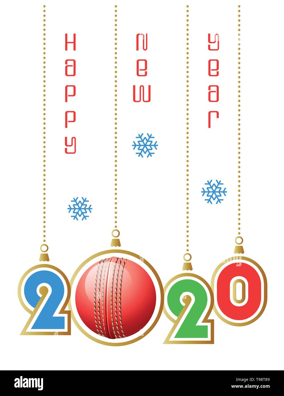 Felice Anno Nuovo 2020! Sport biglietto di auguri con realistica cricket palla. Illustrazione Vettoriale. Illustrazione Vettoriale