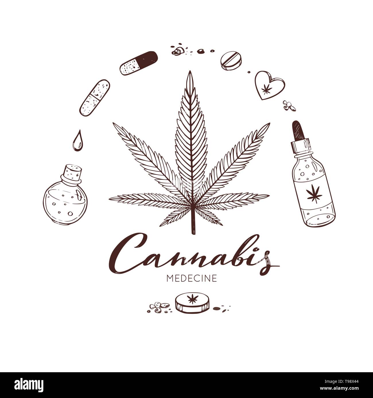 Vector disegnati a mano set infografico della cannabis medica banefits, la marijuana. Pillole, bottiglie di olio e di altre Illustrazione Vettoriale