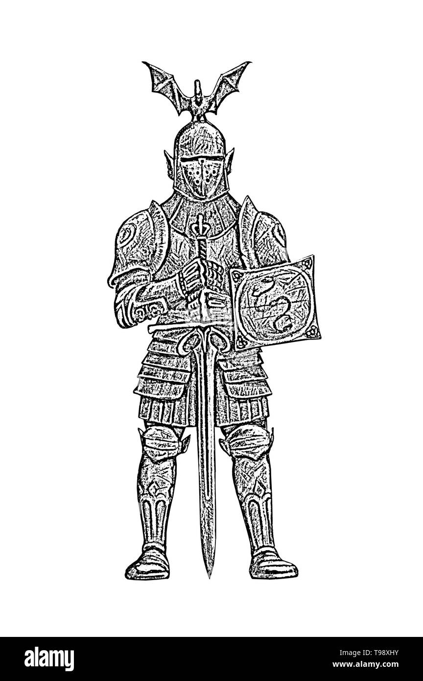 Fantasy cavaliere medievale illustrazione. Cavaliere con spada disegno. Disegno digitale. Foto Stock