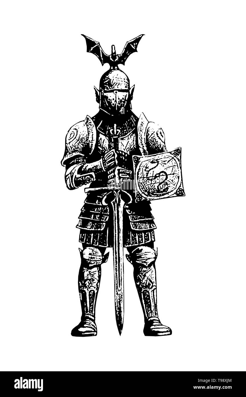 Fantasy cavaliere medievale illustrazione. Cavaliere con spada disegno. Disegno digitale. Foto Stock
