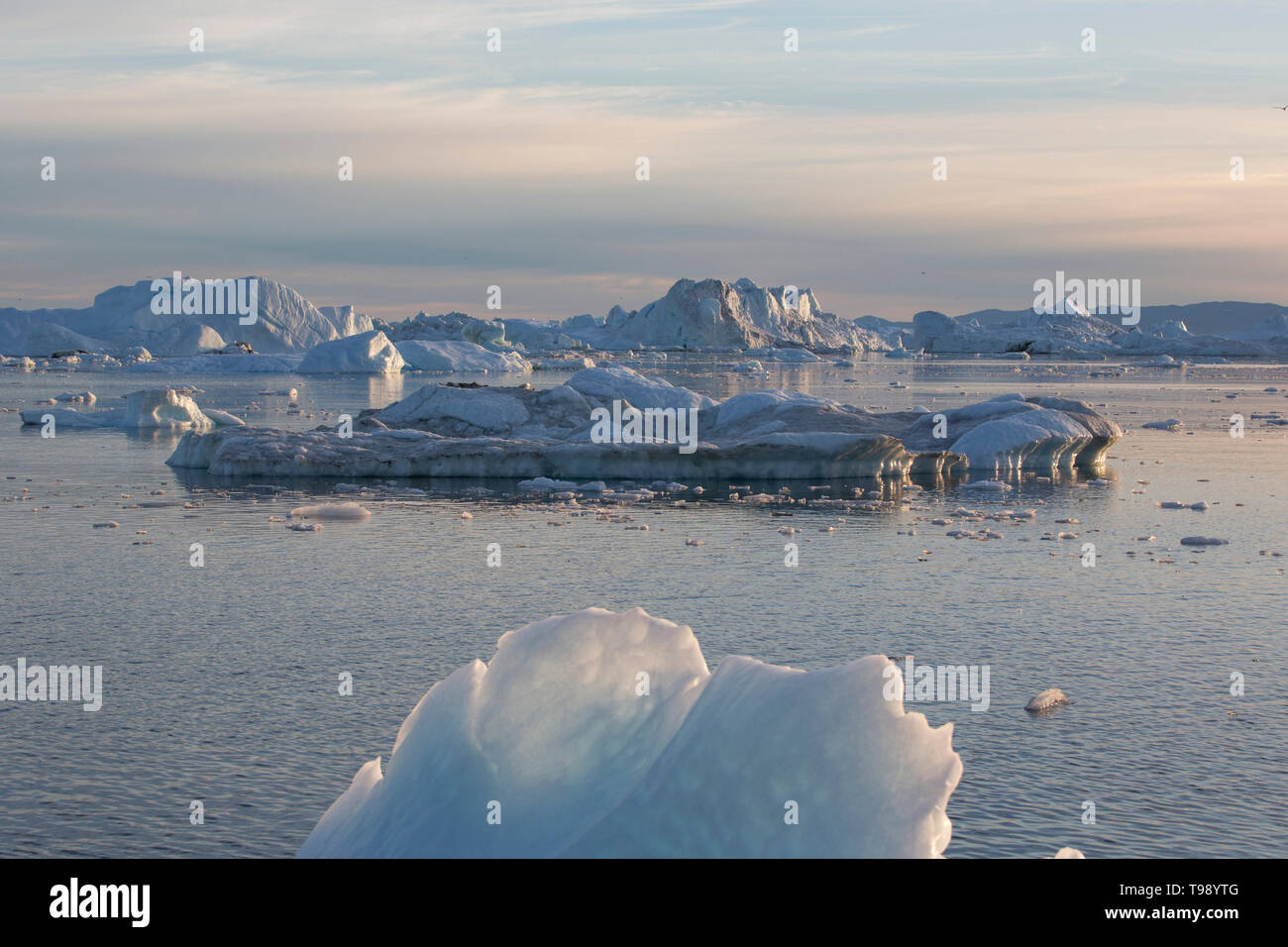 Iceberg nella baia di Disko su Midsummer, Groenlandia Foto Stock