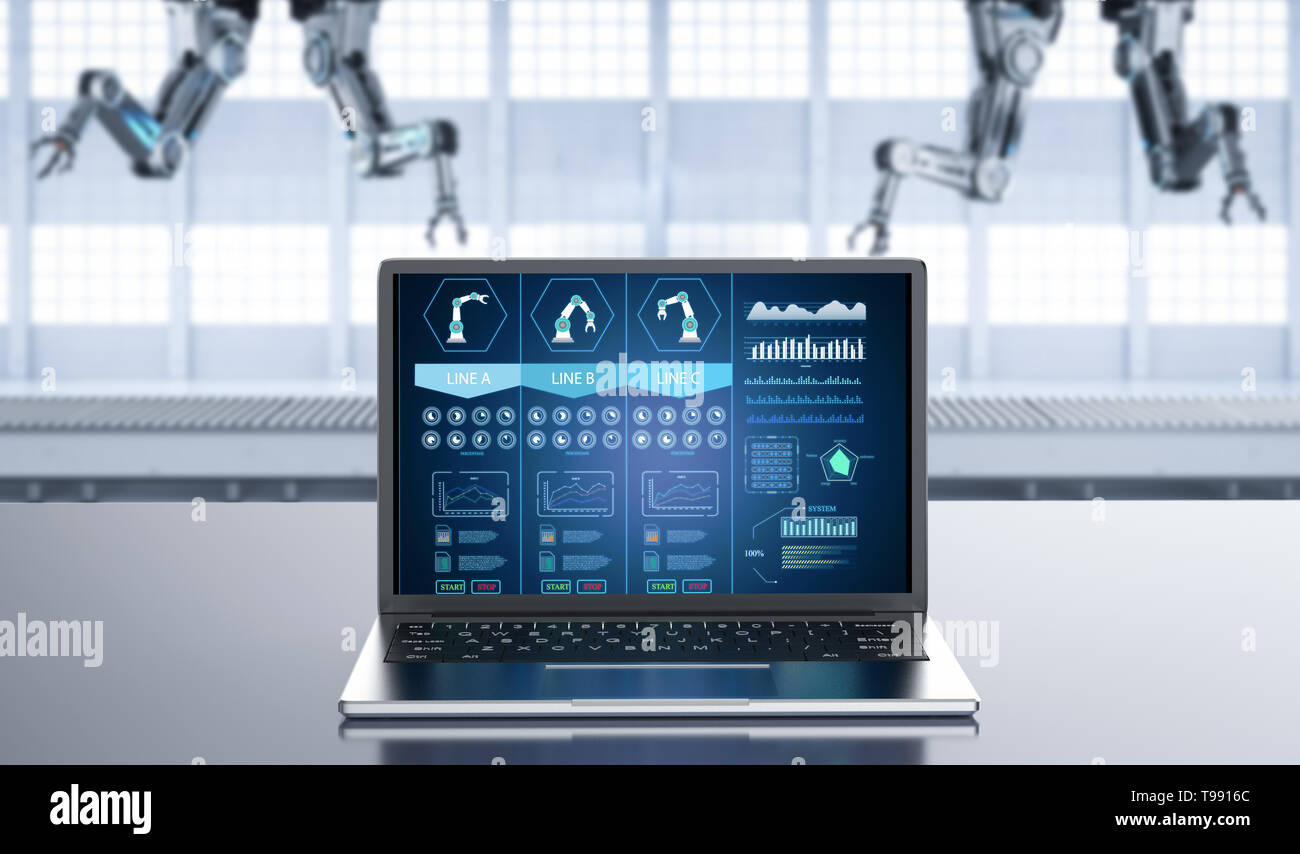 3D rendering notebook computer display sistema di intelligenza artificiale in fabbrica Foto Stock