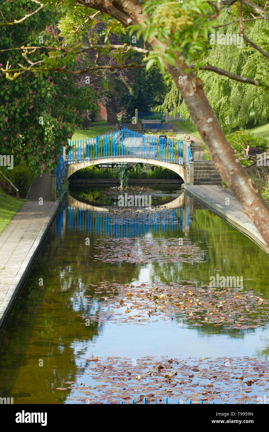 Blue bridge over Abbey Park Lake a Evesham, England, Regno Unito, Europa Foto Stock